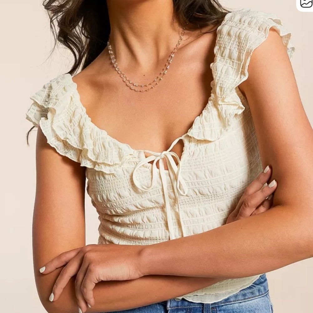 Free People Cream Ruffle Smocked Tie-Front Top